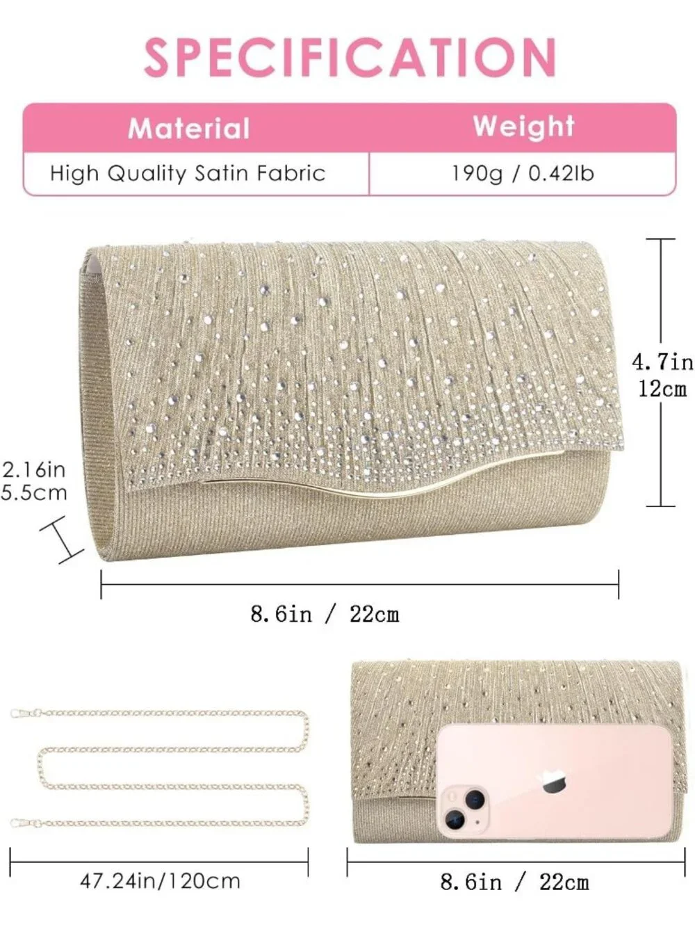 Women's Champagne Suede Envelope Clutch Purse Formal Evening Wedding Party Bag